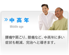 中高年　Middle age　腰痛や肩こり、膝痛など、中高年に多い症状も軽減、完治へと導きます。